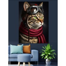 Karizma Tablo Kırmızı Atkılı Pilot Kedi Portresi Dekoratif Kanvas - Mdf Ahşap Tablo