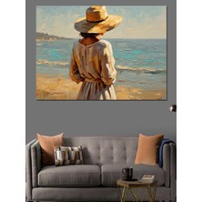 Karizma Tablo Deniz Manzarasına Karşı Şapkalı Kadın Dekoratif Kanvas - Mdf Ahşap Tablo