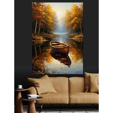 Karizma Tablo Sonbahar Gölünde Boş Ahşap Kayık Dekoratif Kanvas - Mdf Ahşap Tablo