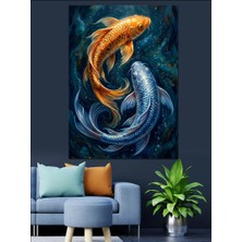 Karizma Tablo Gökyüzünde Süzülen Iki Koi Balığı Dekoratif Kanvas - Mdf Ahşap Tablo