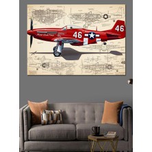 Karizma Tablo Teknik Çizimli Kırmızı Savaş Uçağı Dekoratif Kanvas - Mdf Ahşap Tablo