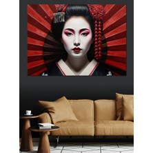 Karizma Tablo Kırmızı Yelpazeli Modern Geyşa Portresi Dekoratif Kanvas - Mdf Ahşap Tablo