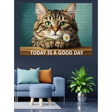 Karizma Tablo Günaydın Diyen Papatyalı Kedi Tablosu Dekoratif Kanvas - Mdf Ahşap Tablo