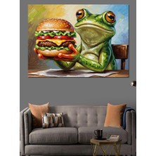 Karizma Tablo Hamburger Tutan Komik Yeşil Kurbağa Dekoratif Kanvas - Mdf Ahşap Tablo