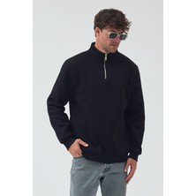 Lenithra Basic Oversize Siyah Unisex Yarım Fermuar Boğazlı Sweatshirt