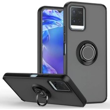 HANPORIUM Vivo V21E Uyumlu Kılıf Yüzüklü Standlı Extra Darbe Koruma Sert Silikon Kapak - Siyah