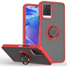 HANPORIUM Vivo V21E Uyumlu Kılıf Yüzüklü Standlı Extra Darbe Koruma Sert Silikon Kapak - Kırmızı