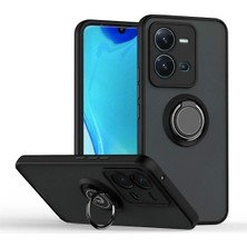 HANPORIUM Vivo V25 Uyumlu Kılıf Yüzüklü Standlı Extra Darbe Koruma Sert Silikon Kapak - Siyah
