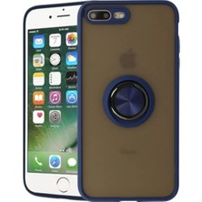 HANPORIUM Apple iPhone 8 Plus Uyumlu Kılıf Yüzüklü Standlı Extra Darbe Koruma Sert Silikon Kapak - Lacivert