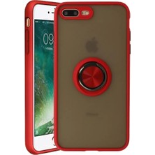 HANPORIUM Apple iPhone 8 Plus Uyumlu Kılıf Yüzüklü Standlı Extra Darbe Koruma Sert Silikon Kapak - Kırmızı