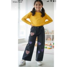 Jeans Kız Çocuk Kalp'li Kot Likrasız Desenli Bel Lastikli % 100 Pamuk Geniş Paça Denim Pantolon