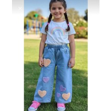 Jeans Kız Çocuk Kalp'li Kot Likrasız Desenli Bel Lastikli % 100 Pamuk Geniş Paça Denim Pantolon