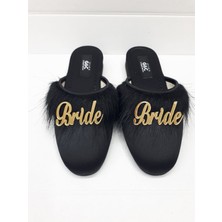 GC Terlikler Bride Gelin Topuksuz Kaz Tüyü Terlik Siyah-Gold Yazılı
