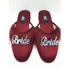 GC Terlikler Bride Gelin Topuksuz Kaz Tüyü Terlik Bordo-Gümüş Yazılı