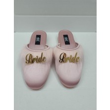GC Terlikler Bride Gelin Topuksuz Kaz Tüyü Terlik Pudra-Gold Yazılı