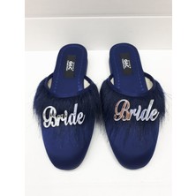 GC Terlikler Bride Gelin Topuksuz Kaz Tüyü Terlik Lacivert-Gümüş