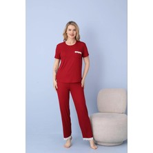 Pijamoni Kadın Dublin Kumaş Bisiklet Yaka Kısa Kollu Bordo Pijama Takımı