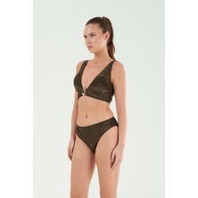 Louren Kadın Siyah Simli Desenli  Aksesuar  Detaylı Ince Kaplı Geniş Üçgen Bikini Takımı