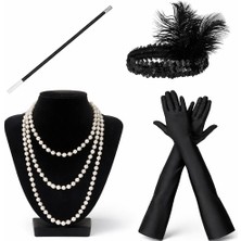 Mustran 1920’LER Çarliston Aksesuar Seti – Inci Kolye, Eldiven, Sigara Tutucu, Siyah Saç Bandı