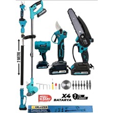 Graizer Premium Teleskopik 5'li Akülü Bahçe Seti - Testere, Makas, Tırpan, Üfleme (4 Bataryalı 21V)