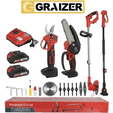 Graizer Premium Xr 4'lü Teleskopik Akülü Mavi Bahçe Seti - Uzatmalı Testere, Makas, Tırpan (Çift Bataryalı)