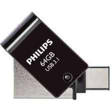 PHILIPS 64GB 2 In 1 Type-C/USB 3.1 Siyah Gri USB Flash Bellek Yüksek Veri Transfer Hızı