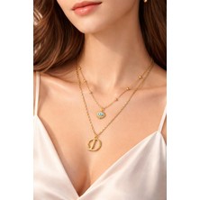 Larius Jewelry Ikili Kombin Harf Kolye,göz Nazar Kolyesi,harf Kolye (Tek/çift Kullanım), Altın Kaplama,kombin Kolye