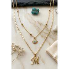 Larius Jewelry Ikili Kombin Harf Kolye,göz Nazar Kolyesi,harf Kolye (Tek/çift Kullanım), Altın Kaplama,kombin Kolye