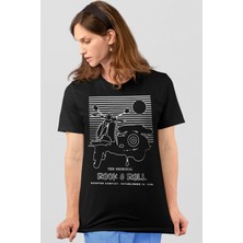 Rock&roll Çizgili Scooter  Kısa Kollu Siyah Kadın Tişört
