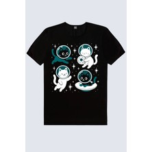 Rock&roll Astro Kediler Kısa Kollu Siyah Kadın Tişört