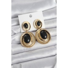 Mustran Siyah Sallantılı Damla Model Gold Renk Vintage Kadın Küpe