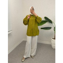 Modamorfo Yırtmaçlı Eteği Oval Kesim Gömlek -Yağ Yeşili