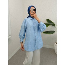 Modamorfo Yırtmaçlı Eteği Oval Kesim Gömlek -Bebe Mavi