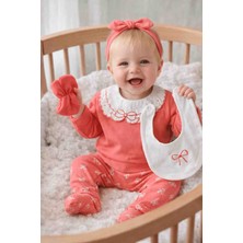 Mini Cayzen Baby Vovido Fiyonk Detaylı Kız Bebek 3’lü Set (Zıbın, Pantolon ve Önlük)