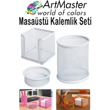 ArtMaster Beyaz Masaüstü Fileli Kalemlik Seti 3 Parça 1 Paket 3 Lü Masa Üstü Düzenleyici Kalemlik Küp Notluk Ataşlık