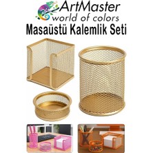 ArtMaster Altın Sarısı Masaüstü Fileli Kalemlik Seti 3 Parça 1 Paket 3 Lü Masa Üstü Düzenleyici Kalemlik Küp Notluk Ataşlık