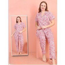 Modamorfo Önü Düğmeli V Yaka Kısa Kollu Pijama Takımı -Pembe