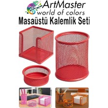 ArtMaster Kırmızı Masaüstü Fileli Kalemlik Seti 3 Parça 1 Paket 3 Lü Masa Üstü Düzenleyici Kalemlik Küp Notluk Ataşlık