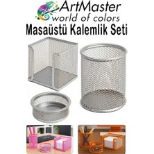 ArtMaster Gümüş Gri Masaüstü Fileli Kalemlik Seti 3 Parça 1 Paket 3 Lü Masa Üstü Düzenleyici Kalemlik Küp Notluk Ataşlık