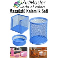 ArtMaster Mavi Masaüstü Fileli Kalemlik Seti 3 Parça 1 Paket 3 Lü Masa Üstü Düzenleyici Kalemlik Küp Notluk Ataşlık