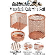 ArtMaster Bakır Yaldız Masaüstü Fileli Kalemlik Seti 3 Parça 1 Paket 3 Lü Masa Üstü Düzenleyici Kalemlik Küp Notluk Ataşlık