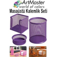 ArtMaster Mor Masaüstü Fileli Kalemlik Seti 3 Parça 1 Paket 3 Lü Masa Üstü Düzenleyici Kalemlik Küp Notluk Ataşlık
