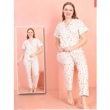 Moda Morfo Serpme Çiçekli V Yaka Düğmeli Kısa Kollu Pijama Takımı -Ekru