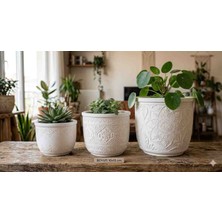 BerMey ​3’lü Antik Desenli Beyaz Taş Tozu Saksı Seti – 10X15 cm Büyük Boy ve Mini Set