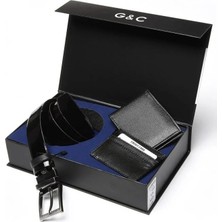 G&C Erkek Siyah Çeyizlik Rugan Kemer Cüzdan Kartlık 3'lü Set 525