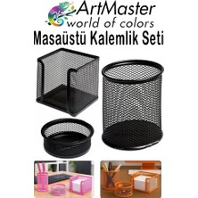 ArtMaster Siyah Masaüstü Fileli Kalemlik Seti 3 Parça 1 Paket 3 Lü Masa Üstü Düzenleyici Kalemlik Küp Notluk Ataşlık
