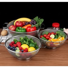 Vanckey Paslanmaz Çelik Kulplu Tel Çok Amaçlı Makarna Un Meyve Sebze 3'lü Süzgeçi 26 24 20 cm