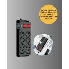 Isıya Dayanıklı Termal Akım Korumalı 8'li Priz ve 3 USB Girişli Uzatma Kablosu Midastech