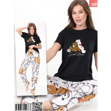 Moda Morfo Ayıcık Desenli Kısa Kollu Pijama Takım -Siyah