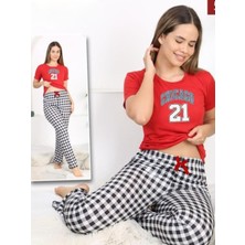 Moda Morfo Altı Ekoseli Kısa Kollu Pijama Takımı -Kırmızı